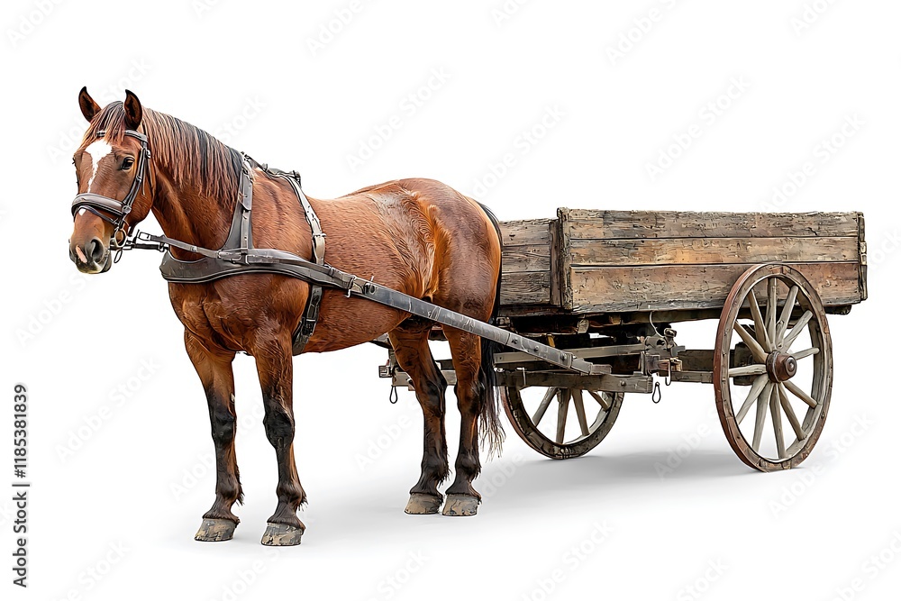 A chestnut horse harnessed to a rustic wooden cart against a white background. A chestnut horse harnessed to a rustic wooden cart against a white background.