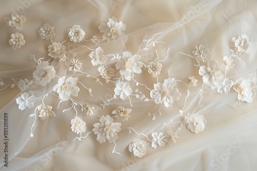 Delicate ivory floral lace appliqus adorn sheer fabric. Perfect for wedding dresses, bridal gowns, and haute couture designs. Intricate 3D flowers. photo