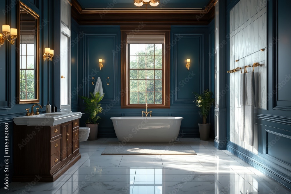 Luxurious bathroom with freestanding tub and elegant blue walls Luxurious bathroom with freestanding tub and elegant blue walls