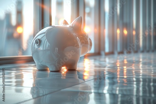 Wallpaper Mural White piggy bank on shiny floor with blurred city view. AI generative. . Torontodigital.ca