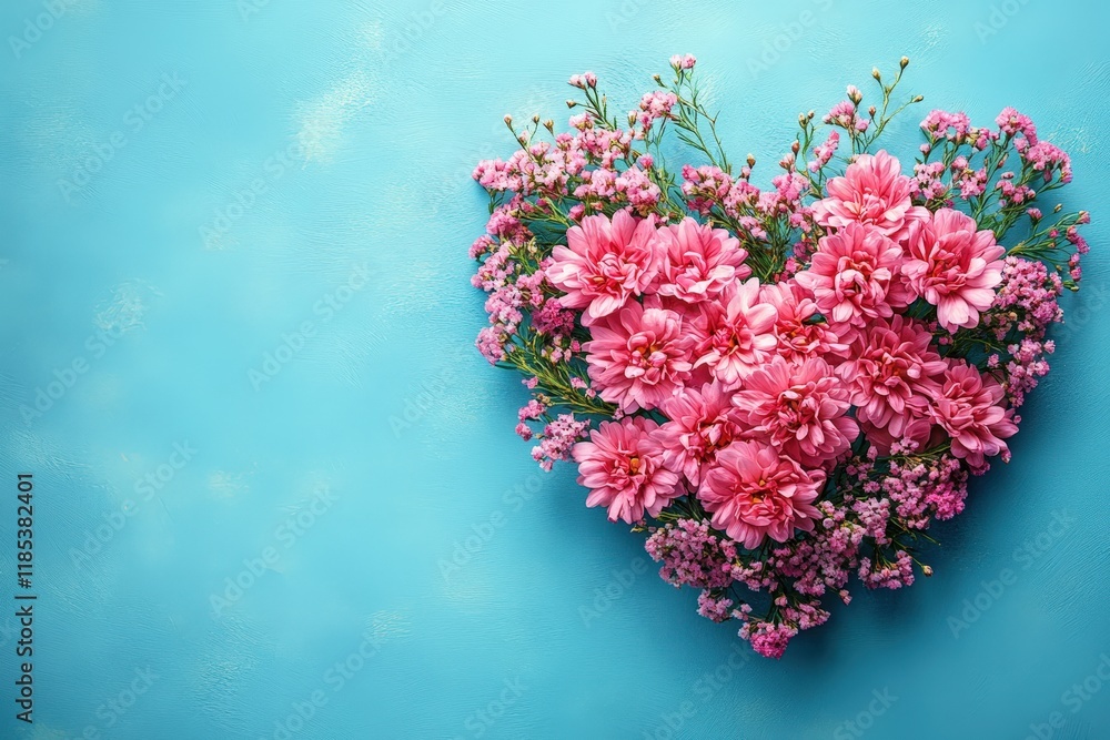 Obraz premium A charming heart of pink blooms radiates love against a serene blue backdrop, capturing the essence of romance and affection this Valentine's Day.