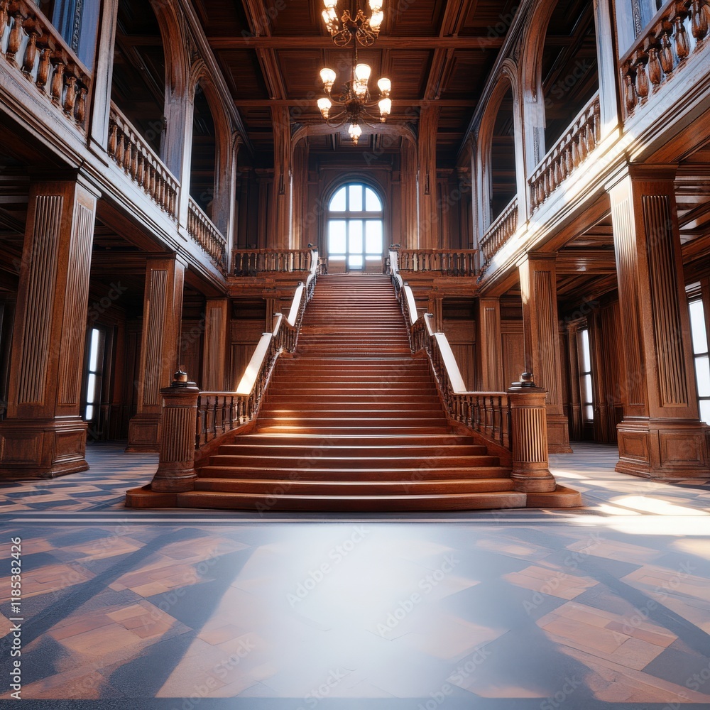 Obraz premium Grand wooden staircase in historic mansion interior with elegant chandelier