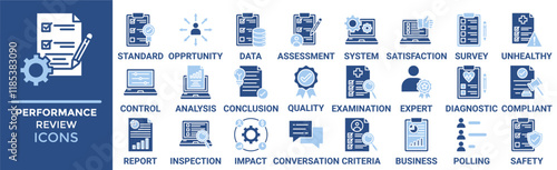 Performance review icon set. Containing standard, opportunity, data, assessment, system, satisfaction, survey, unhealthy and more. Solid vector icons collection 