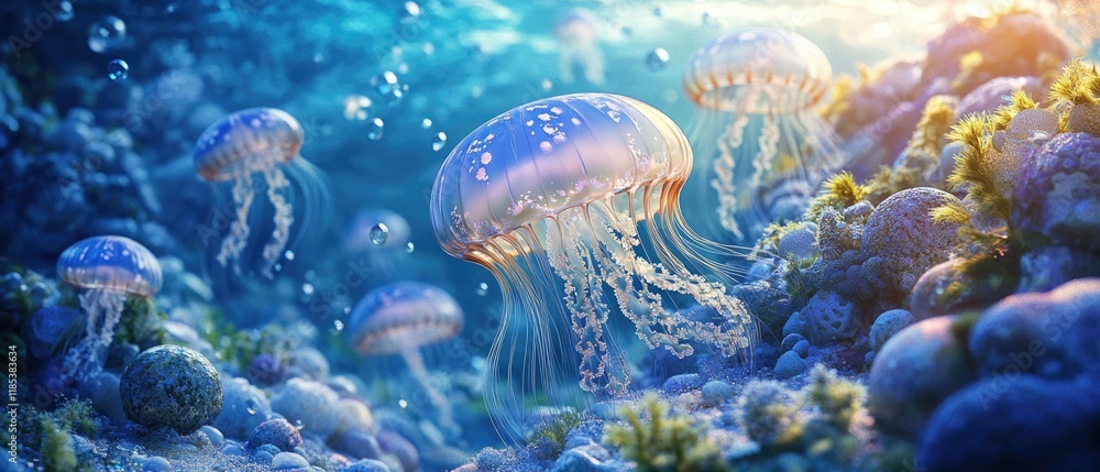 Jellyfish floating in a vibrant underwater world, glowing gently in the deep ocean Jellyfish floating in a vibrant underwater world, glowing gently in the deep ocean