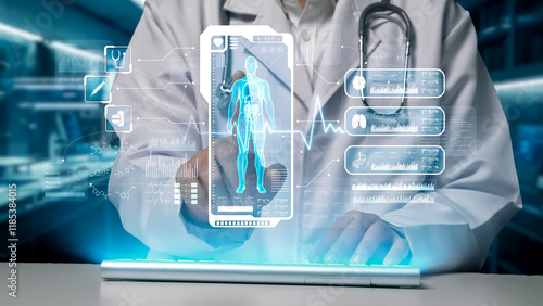 Close up of skilled doctor searching and pointing at human anatomy hologram floating at laboratory. Medical worker typing keyboard and analyzing data while checking HUD dashboard whole body. Remedial. photo