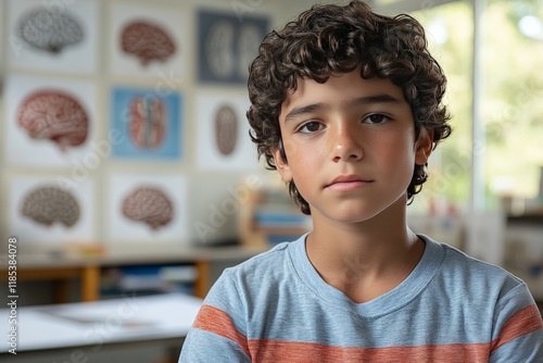 Boy sitting in a classroom surrounded by brain diagrams and models, symbolizing the future of neuroscience education, STEM learning, and the integration of digital technology into schools