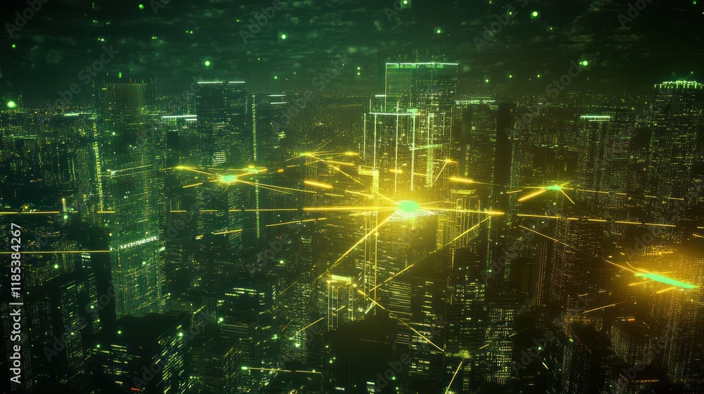 Futuristic city glowing with digital network connections. Futuristic city glowing with digital network connections.