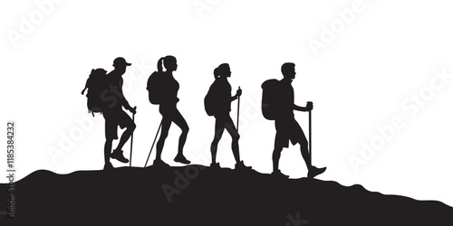 A silhouette of tourist friends hiking group in the mountains vector icon illustration on white background. climber art work.
