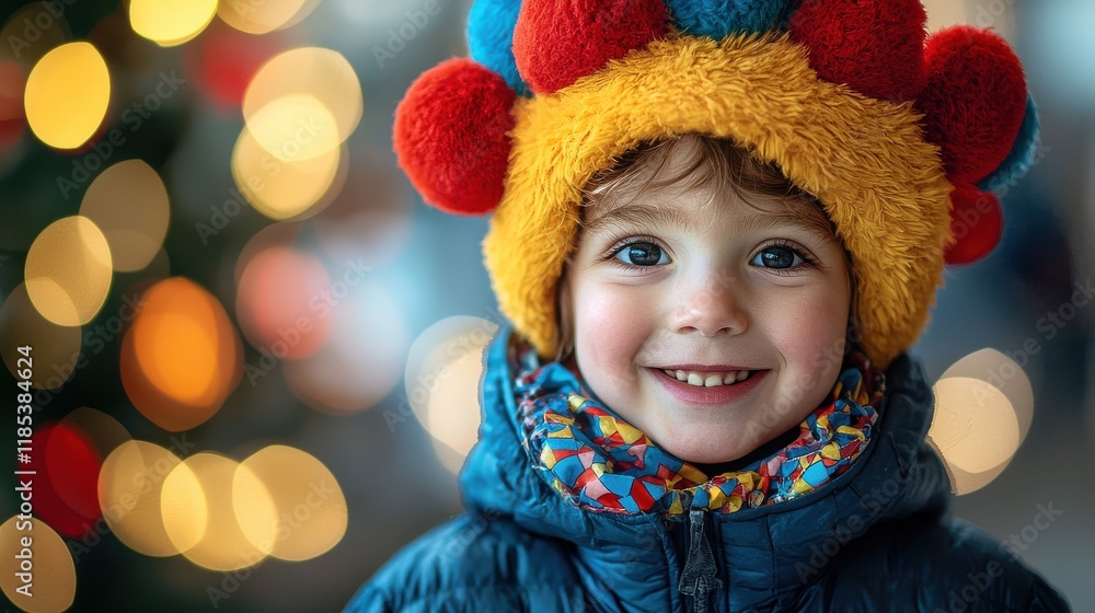 Joyful child wearing clown hat smiling brightly at the camera in urban setting portrait cheerful atmosphere Joyful child wearing clown hat smiling brightly at the camera in urban setting portrait cheerful atmosphere