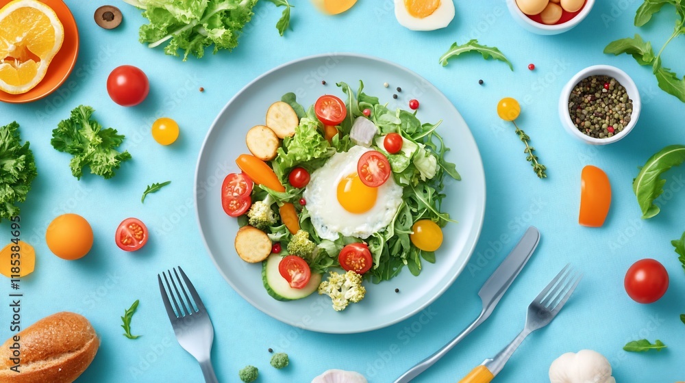 Colorful healthy breakfast salad with egg, vegetables, and greens. Colorful healthy breakfast salad with egg, vegetables, and greens.