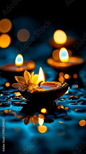 Glowing Diya Flames, Flower Detail, Blue Reflection, Bokeh, Candlelight, Spirituality, Diwali photo