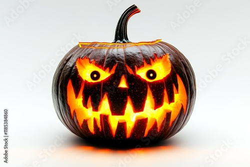 Illuminated Jack-o'-Lantern Fierce Carving, Glowing Eyes, Halloween Concept photo