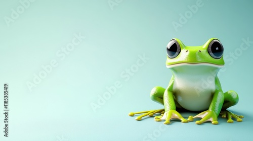 Adorable 3D Render of a Green Tree Frog Sitting on a Light Blue Background A Cute Amphibian Illustration photo