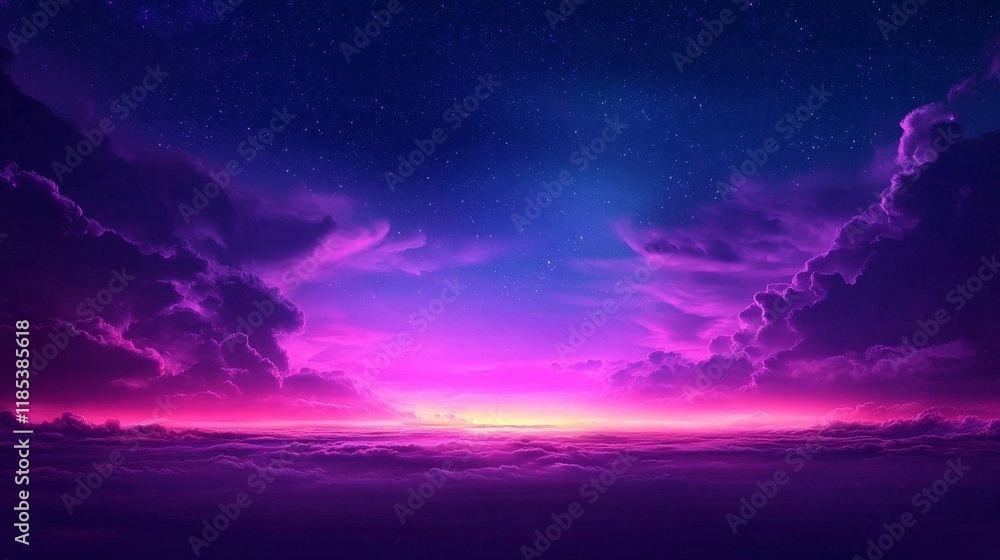 Fototapeta premium Cosmic Sunset Above the Clouds, Purple Hues, Starry Night Digital Art