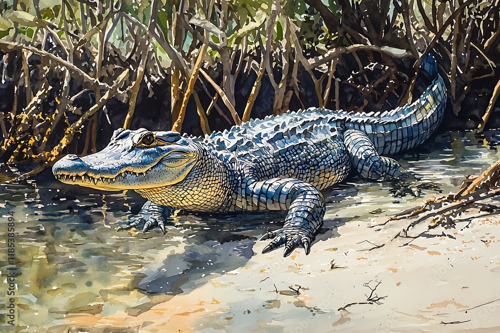 Fototapeta premium A Majestic American Alligator in its Mangrove Habitat A Stunning Watercolor Painting.