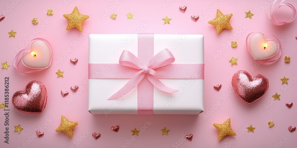 A beautifully wrapped gift adorned with a pink ribbon sits beside a glowing heart-shaped candle, radiating love and warmth for Valentine's Day. A beautifully wrapped gift adorned with a pink ribbon sits beside a glowing heart-shaped candle, radiating love and warmth for Valentine's Day.