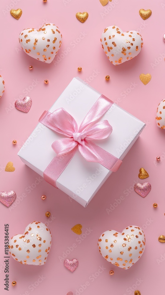 A charming white box adorned with a delicate pink bow and shimmering gold hearts, perfect for expressing love on Valentine's Day. A charming white box adorned with a delicate pink bow and shimmering gold hearts, perfect for expressing love on Valentine's Day.