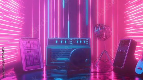 Retro Music Studio Setup With Neon Lights photo