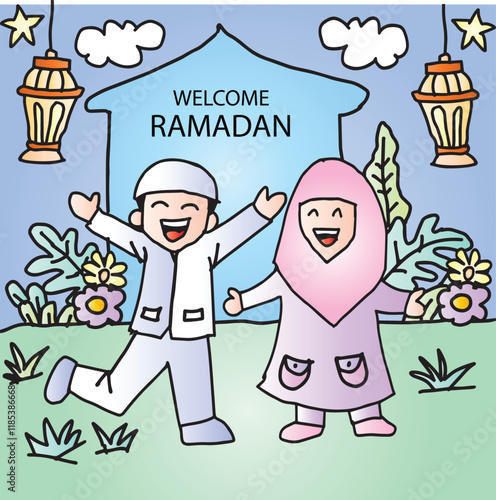 Welcome Ramadan greeting card with muslim couple in traditional clothes