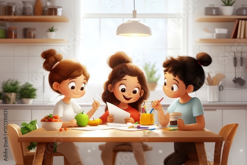 Animated children drawing and sharing snacks in a bright kitchen photo