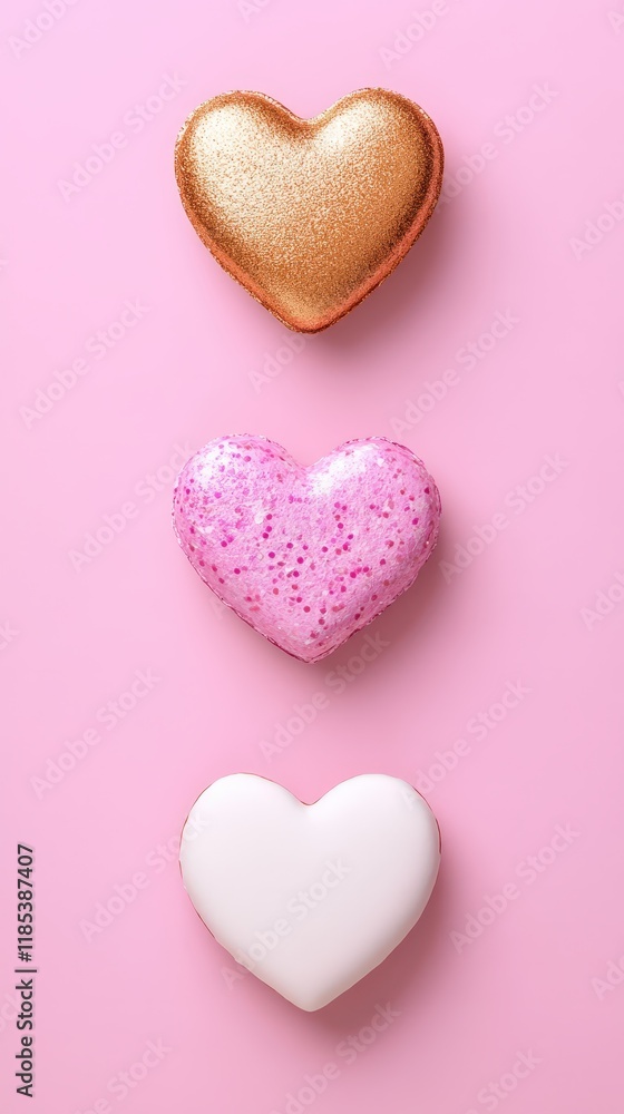 Indulge in love with three delightful heart-shaped donuts set against a sweet pink backdrop, perfect for celebrating Valentine's Day. Indulge in love with three delightful heart-shaped donuts set against a sweet pink backdrop, perfect for celebrating Valentine's Day.
