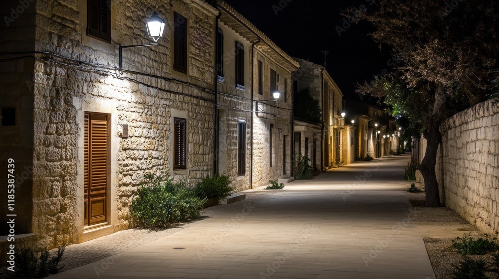 Night view of a quaint, stone-walled street with illuminated pathways. Night view of a quaint, stone-walled street with illuminated pathways.