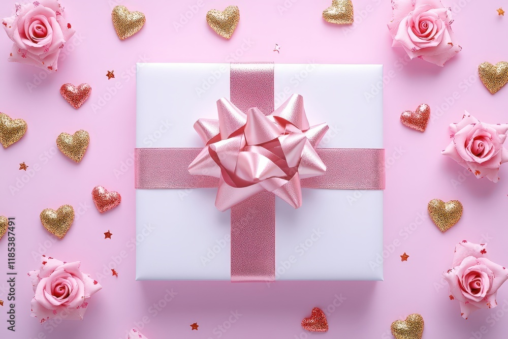 A charming white gift box adorned with a delicate pink bow, embellished with shimmering gold hearts, perfect for expressing love on Valentine's Day. A charming white gift box adorned with a delicate pink bow, embellished with shimmering gold hearts, perfect for expressing love on Valentine's Day.