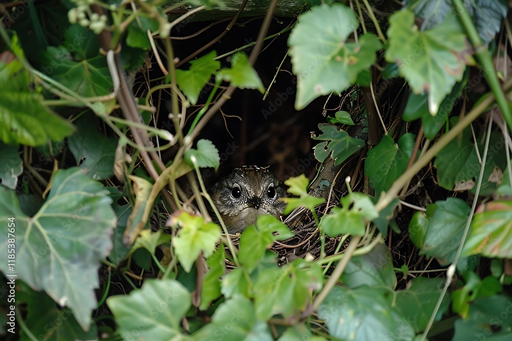A young bird, partially visible, is nestled within a hidden nest concealed by lush green foliage. Its dark eyes stare intently. A young bird, partially visible, is nestled within a hidden nest concealed by lush green foliage. Its dark eyes stare intently.