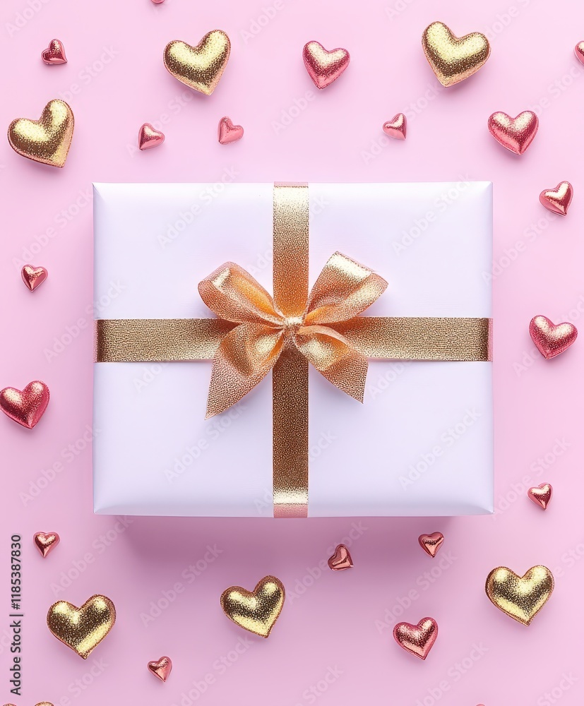 A beautifully wrapped gift box adorned with a shimmering gold ribbon and a delicate bow, perfect for expressing love on Valentine's Day. A beautifully wrapped gift box adorned with a shimmering gold ribbon and a delicate bow, perfect for expressing love on Valentine's Day.