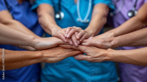 Close-up of hands stacked on top of each other, with a blurred background of blue and purple shirts. AI generative. .