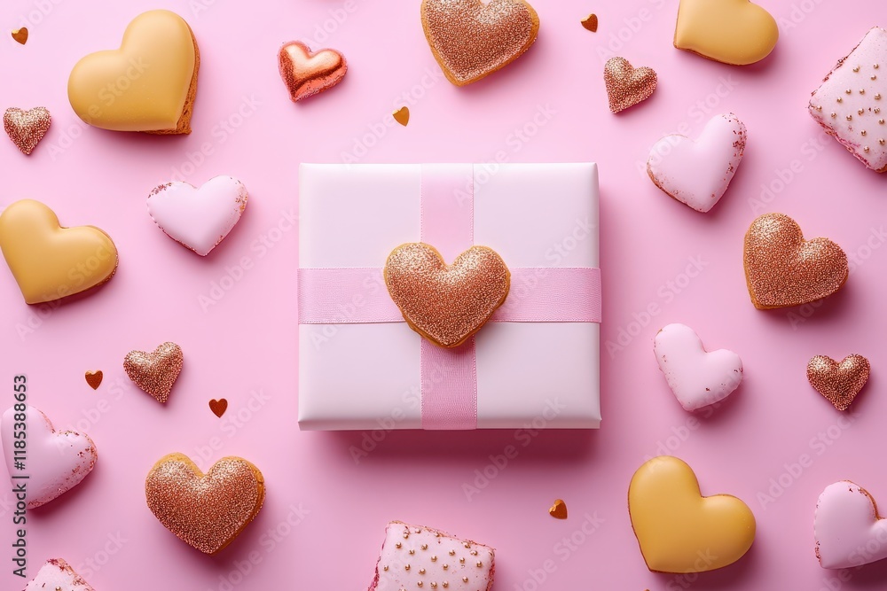 Fototapeta premium A charming gift box adorned with a delicate bow and playful hearts, set against a soft pink backdrop, radiating love and warmth for Valentine's Day.