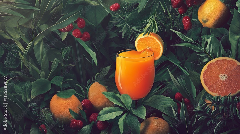 Obraz premium Refreshing Orange Juice in Lush Tropical Setting