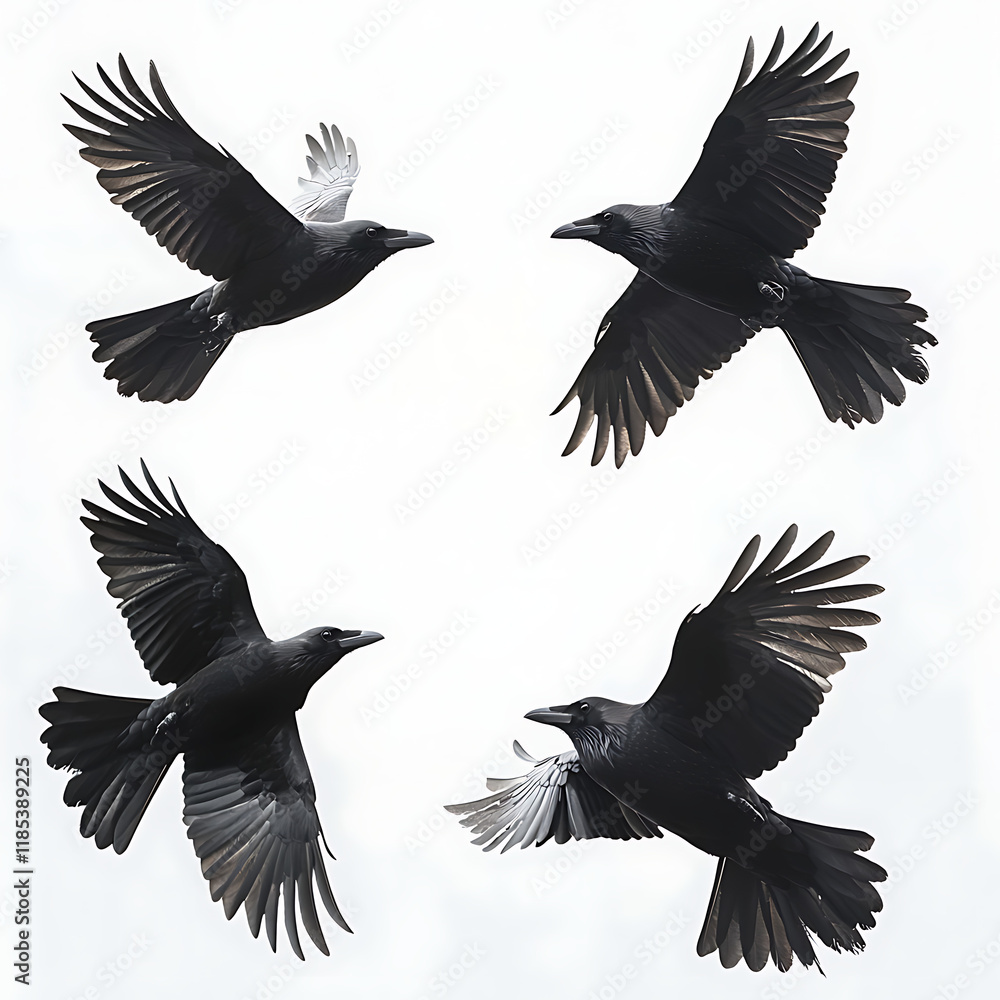 Obraz premium A crow in different flying positions, on white background