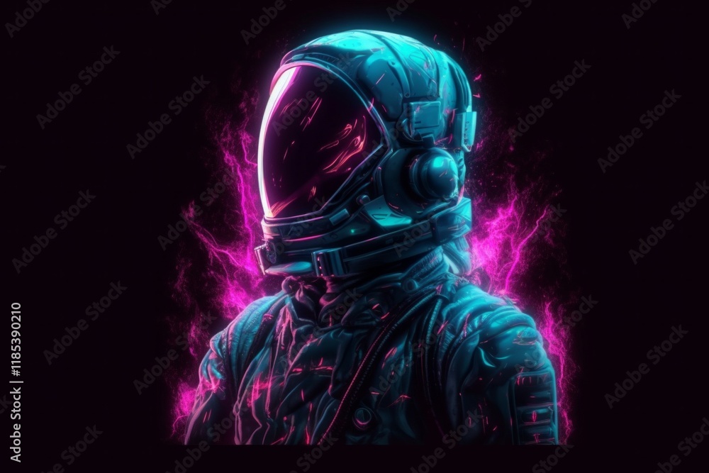 Futuristic astronaut wearing a helmet with blue and pink lights in a black background. AI generative. . Futuristic astronaut wearing a helmet with blue and pink lights in a black background. AI generative. .