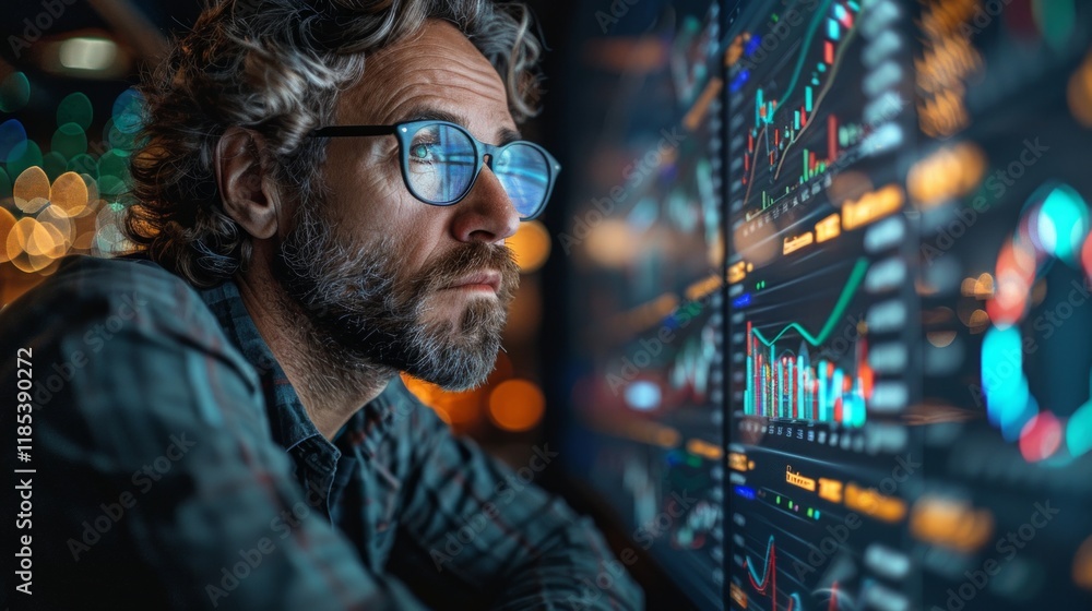 A man with a beard and glasses stares at a screen filled with financial data. AI generative. . A man with a beard and glasses stares at a screen filled with financial data. AI generative. .