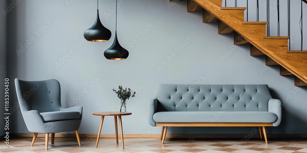 Obraz premium Minimalist modern living room, floating wooden staircase, light gray sofa, beige armchair, wooden coffee table, pendant lights, potted plant, white walls, interior design, Scandinavian style, cozy atm
