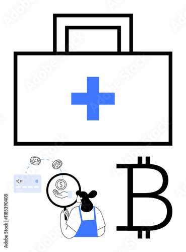 Medical first aid kit, person analyzing financial data, Bitcoin symbol. Ideal for healthcare costs, digital currency, finance, investment, medical expenses, technology integration innovative