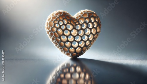 Porous heart-shaped stone on reflective surface with soft lighting