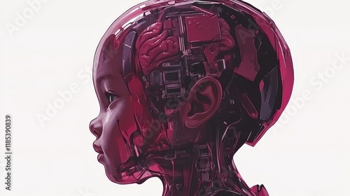 Digital rendering of a humanoid skull in vivid pink tones, symbolizing artificial intelligence, neural technology, and the conceptual evolution of cognition photo