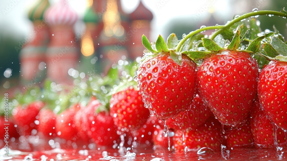 Juicy Strawberries Splashing in Water Near Red Square, Moscow Juicy Strawberries Splashing in Water Near Red Square, Moscow