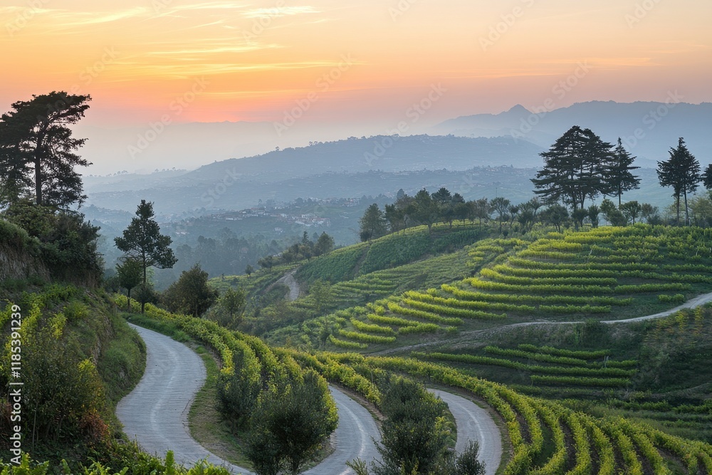 Naklejka premium Serene Landscape of Rolling Vineyards at Sunset with Gentle Curved Road and Majestic Mountains in the Background Capturing Nature’s Beauty