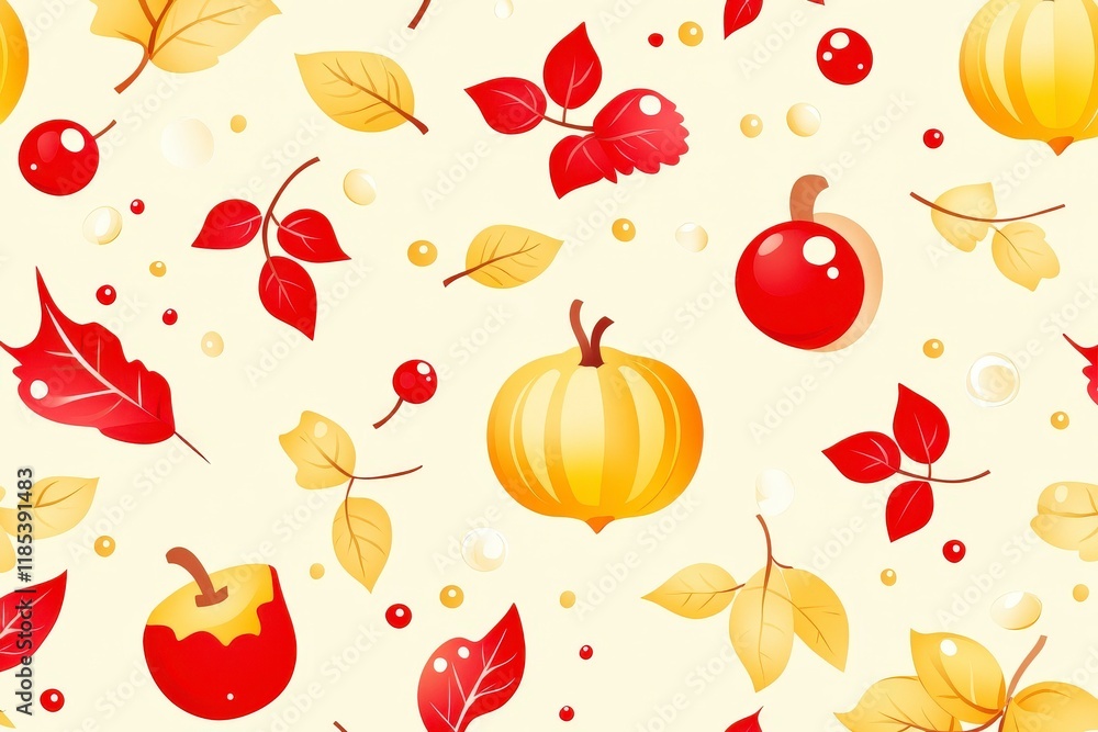 Colorful Autumn Leaves and Fruits Pattern Design Colorful Autumn Leaves and Fruits Pattern Design