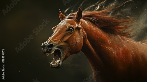 A chestnut horse with flowing mane, mouth open in a snarl, set against a dark background.