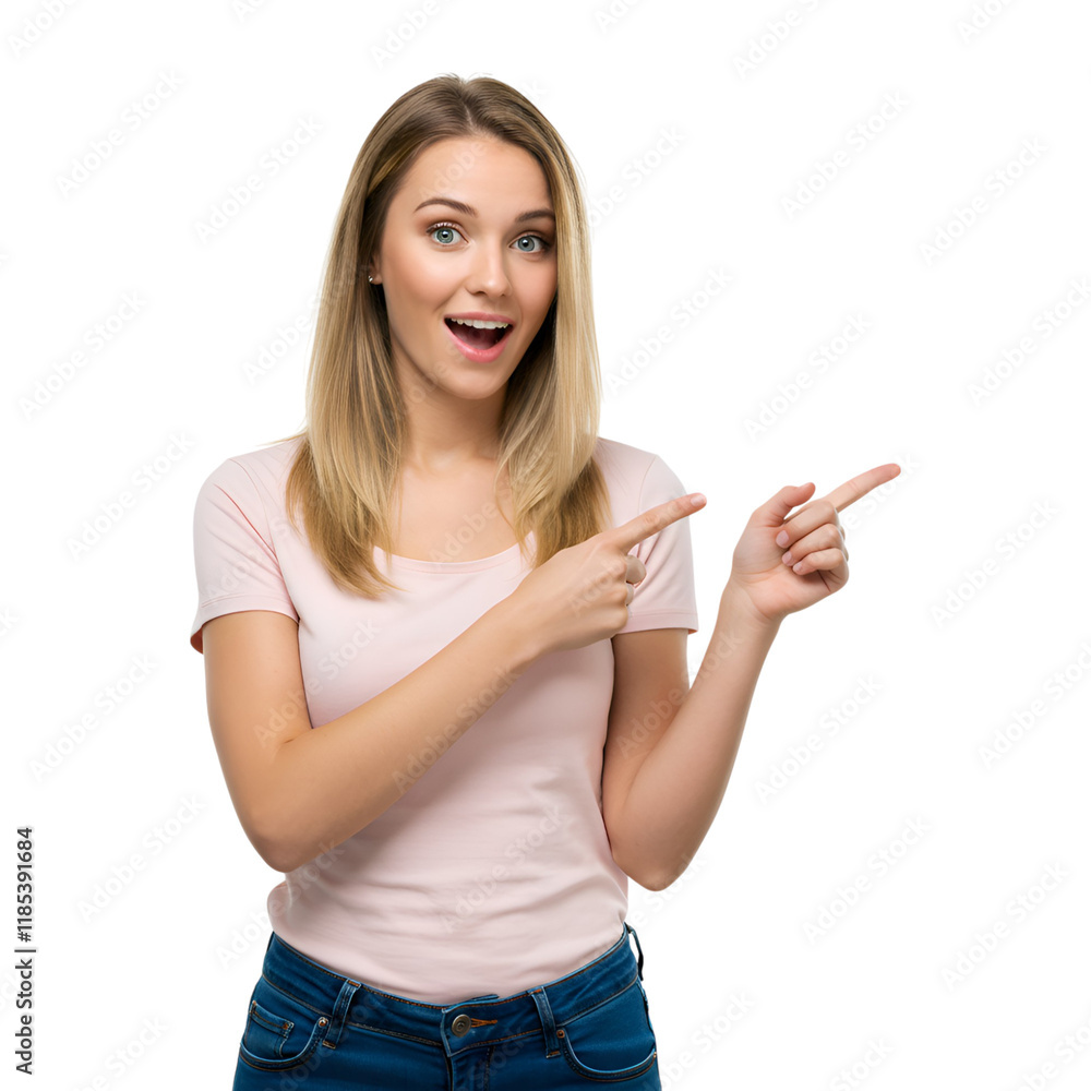 4k backgroundless cutout of a surprised and happy woman pointing 4k backgroundless cutout of a surprised and happy woman pointing