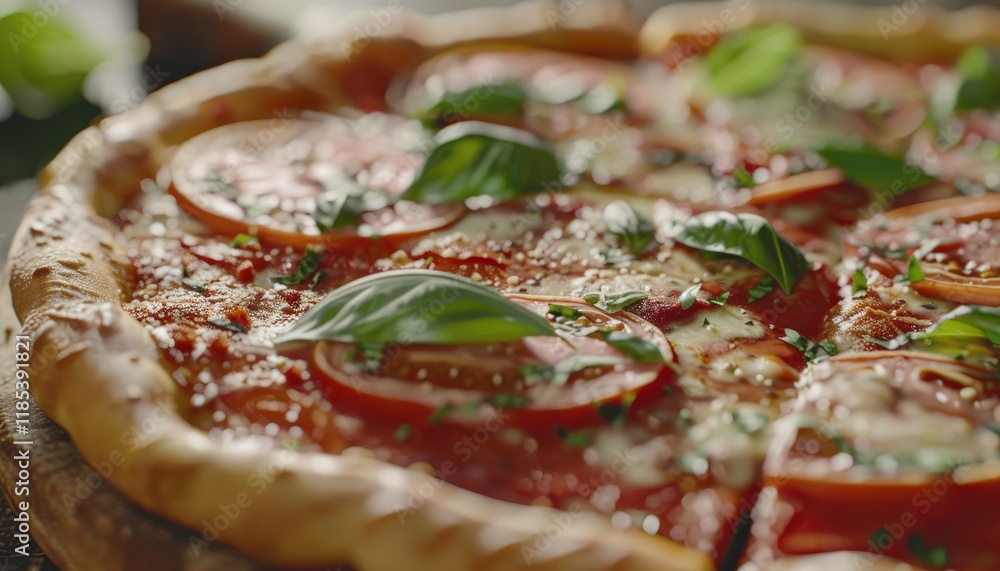 Close-up of a Margherita pizza with fresh basil, mozzarella cheese, and tomato slices. Close-up of a Margherita pizza with fresh basil, mozzarella cheese, and tomato slices.