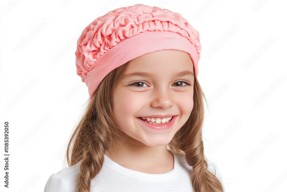 Smiling girl with a pink brain cap, merging playful education, neuroscience, and the joy of cognitive exploration in a vibrant and engaging manner Smiling girl with a pink brain cap, merging playful education, neuroscience, and the joy of cognitive exploration in a vibrant and engaging manner