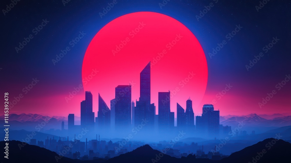 Obraz premium Vibrant Sunset Over Futuristic City Skyline with Neon Hues