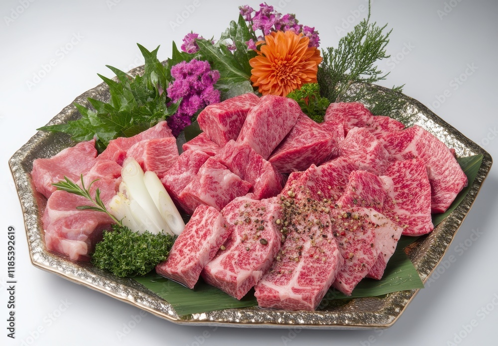 A Vibrant Platter of Exquisite Raw Meat Cuts Surrounded by Colorful Herbs and Flowers Perfect for Gourmet Food Displays and Culinary Photography A Vibrant Platter of Exquisite Raw Meat Cuts Surrounded by Colorful Herbs and Flowers Perfect for Gourmet Food Displays and Culinary Photography