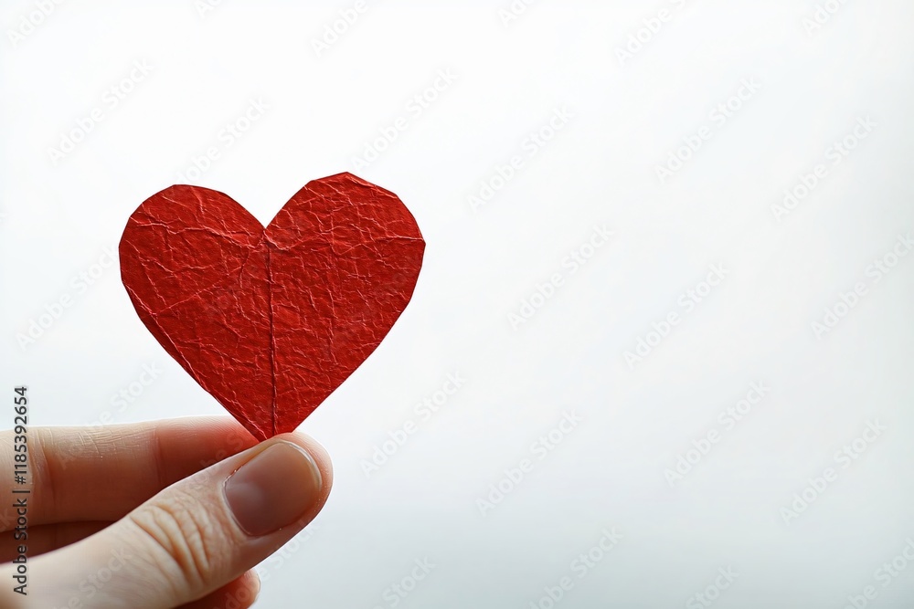 Fototapeta premium A close-up of a hand holding a vibrant red paper heart against a white background, ideal for Valentine's Day, love notes, or appreciation messages.