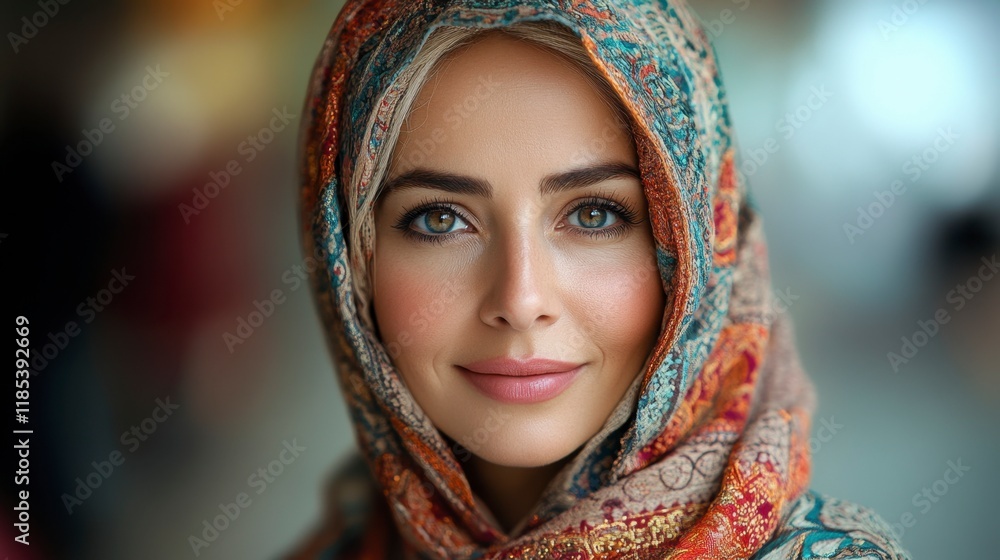 Smiling Woman in Vibrant Headscarf, Close-up Portrait Smiling Woman in Vibrant Headscarf, Close-up Portrait